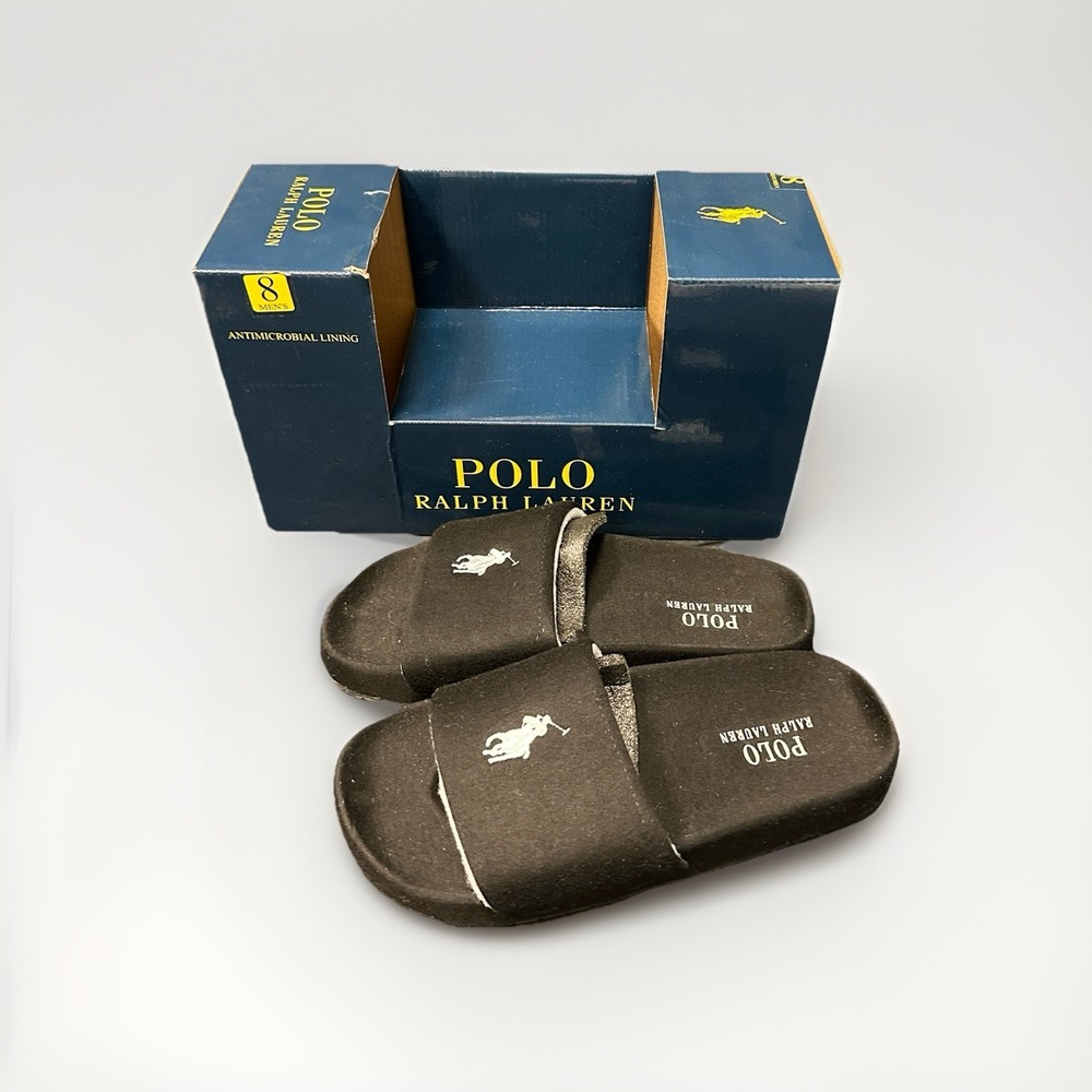 Polo Ralph Lauren Men's Slide Slippers Black Size 8 Antimicrobial Lining Pony